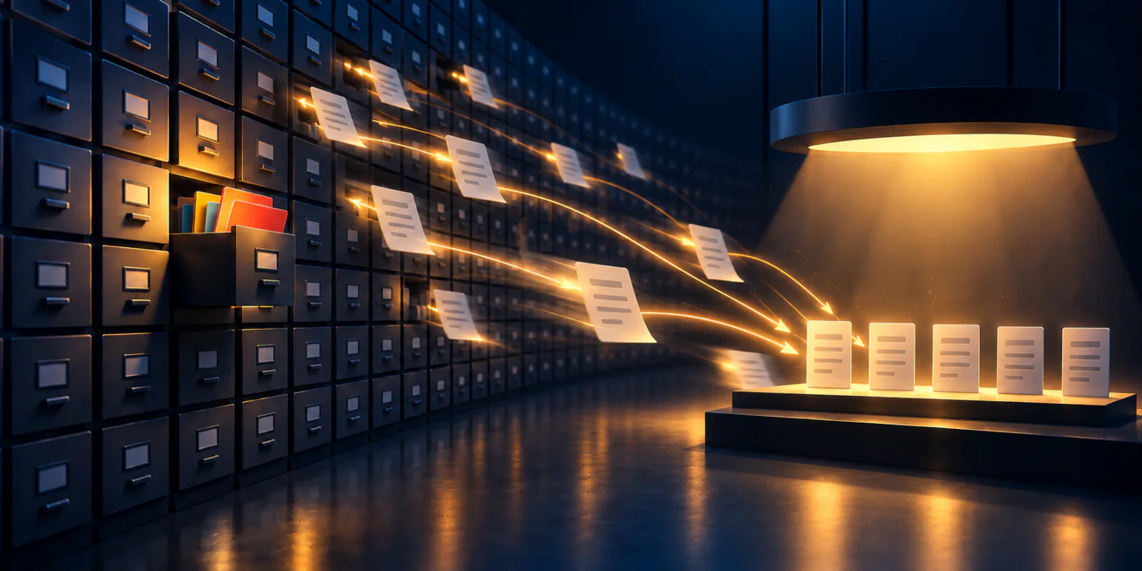 Des pages sont extraites d'un vaste ensemble de casiers vers une sélection éclairée, tandis que des documents colorés restent dans leur tiroir.