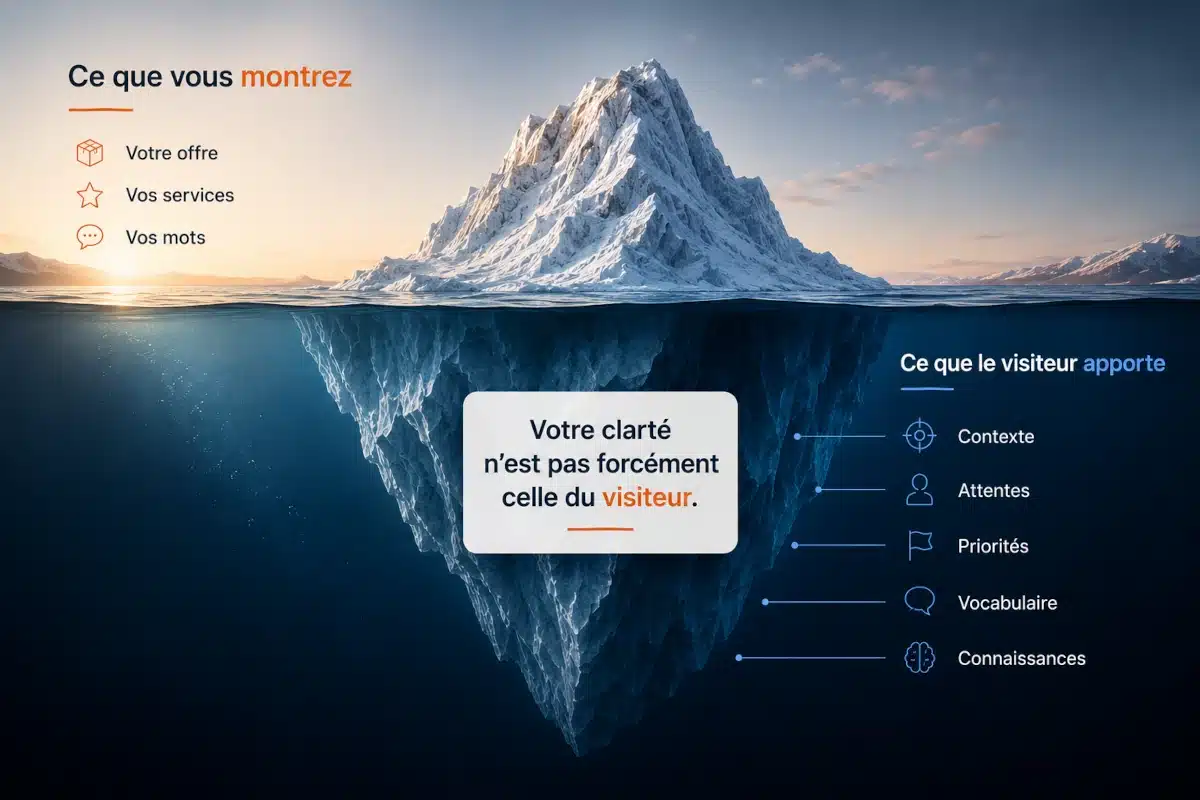 Iceberg montrant ce que le propriétaire du site montre et ce que le visiteur apporte avec lui