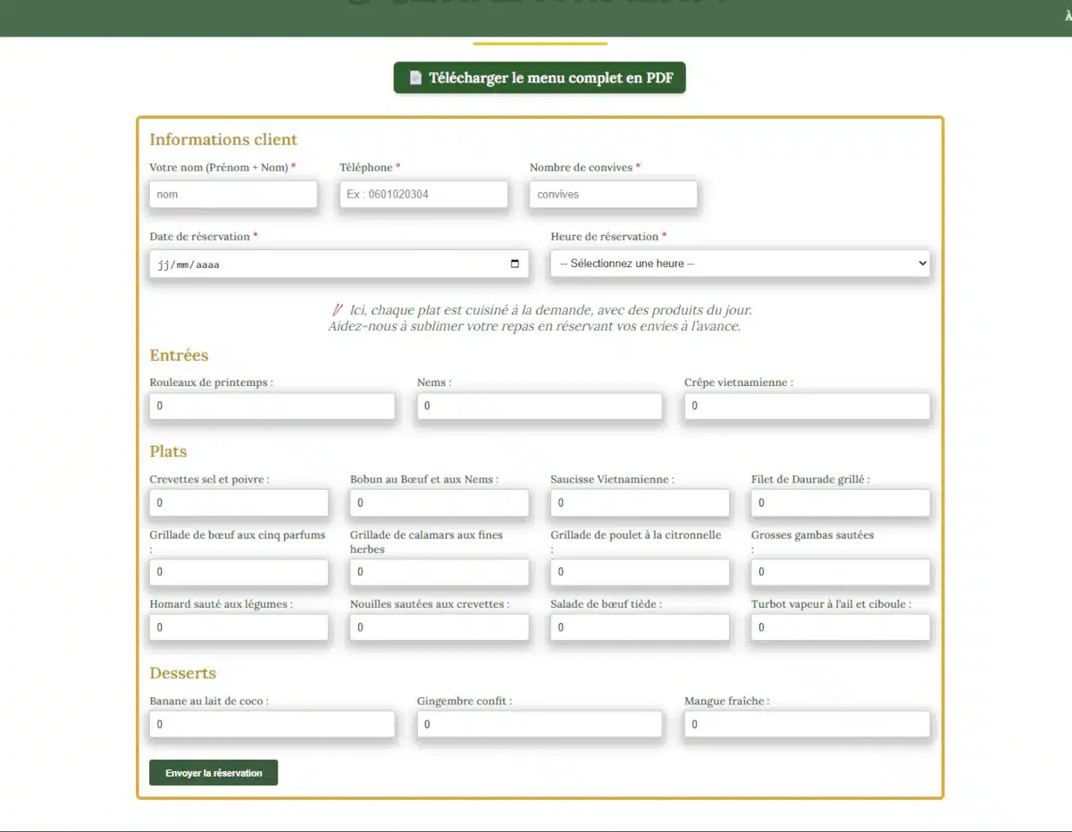 Formulaire de réservation du Bambou d’Or avec sélection du nombre de convives et des plats.