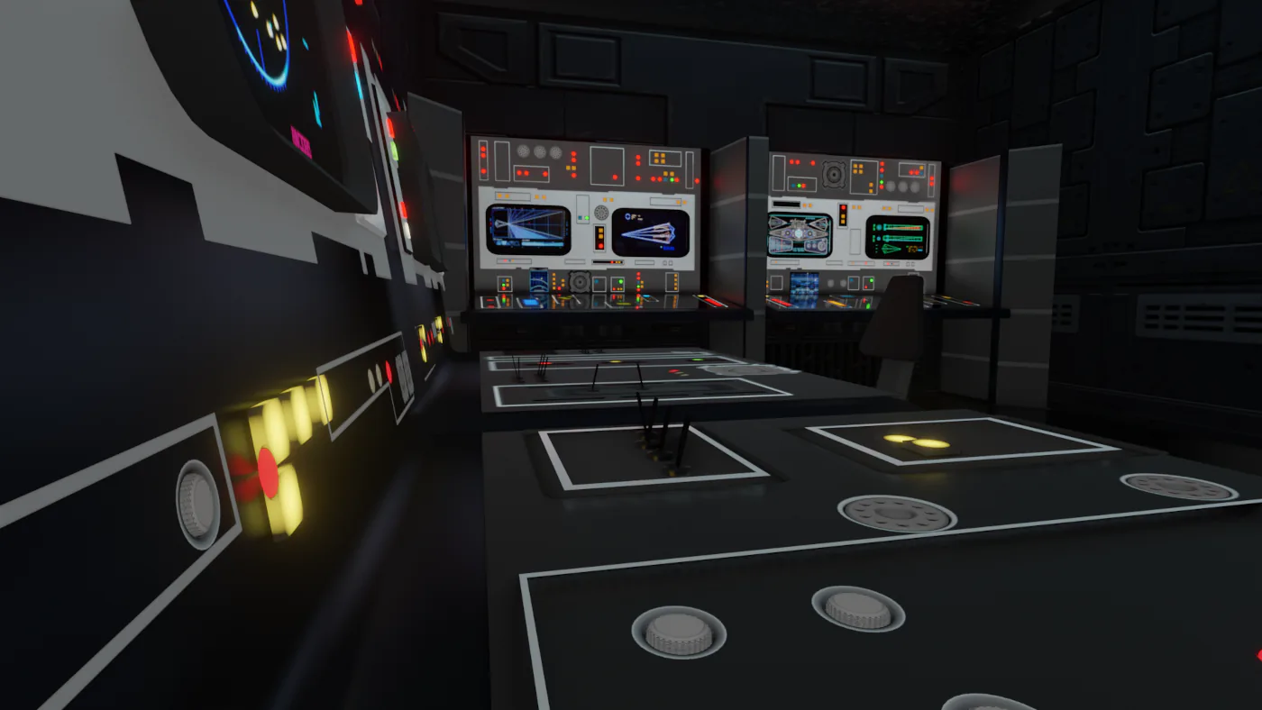 Salle de contrôle d'un vaisseau spatial avec consoles, écrans et éclairages techniques.