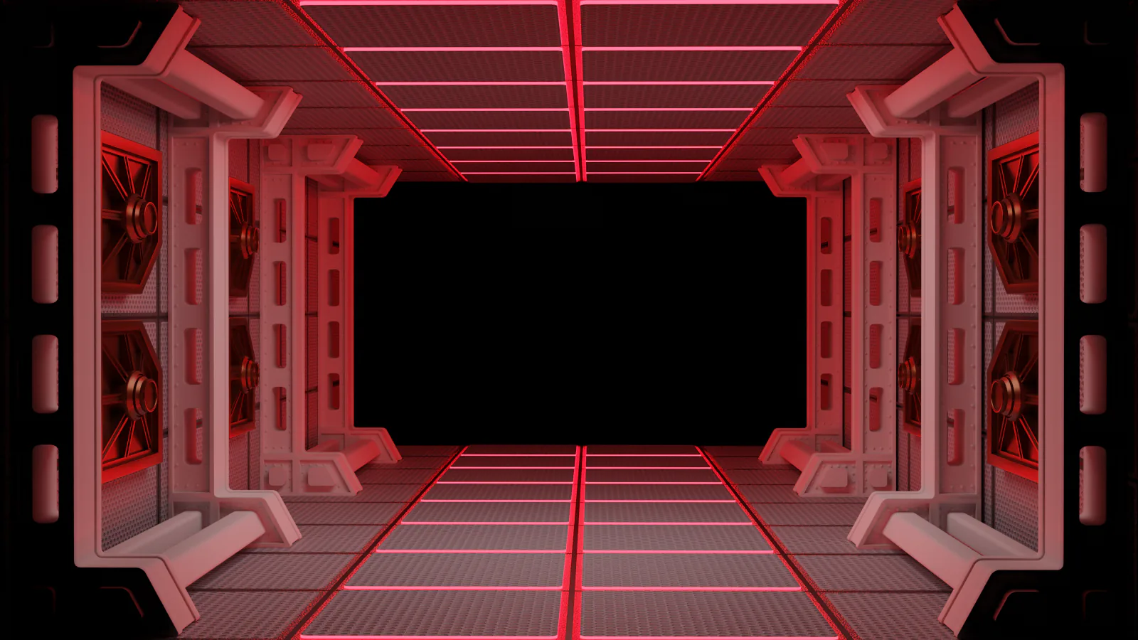 Deuxième étape du tunnel de science-fiction avec éclairage rouge et nouvelles structures.