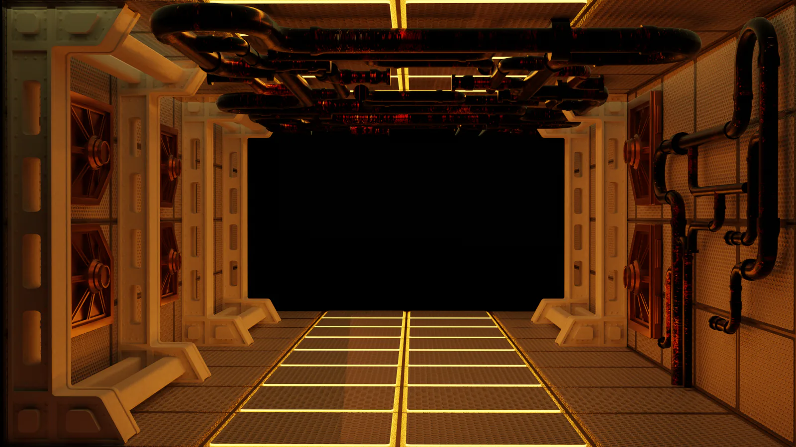 Troisième étape du tunnel de science-fiction enrichie de tuyauteries et d'un éclairage chaud.