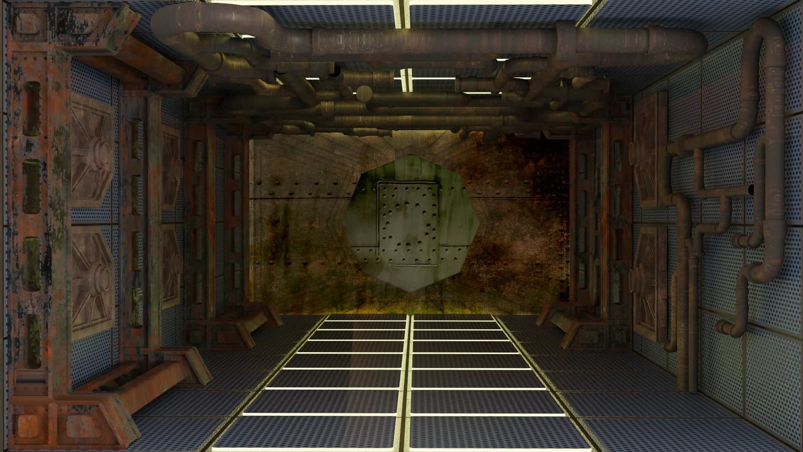 Version finale du tunnel de science-fiction avec matériaux, tuyauteries, textures et éclairage.