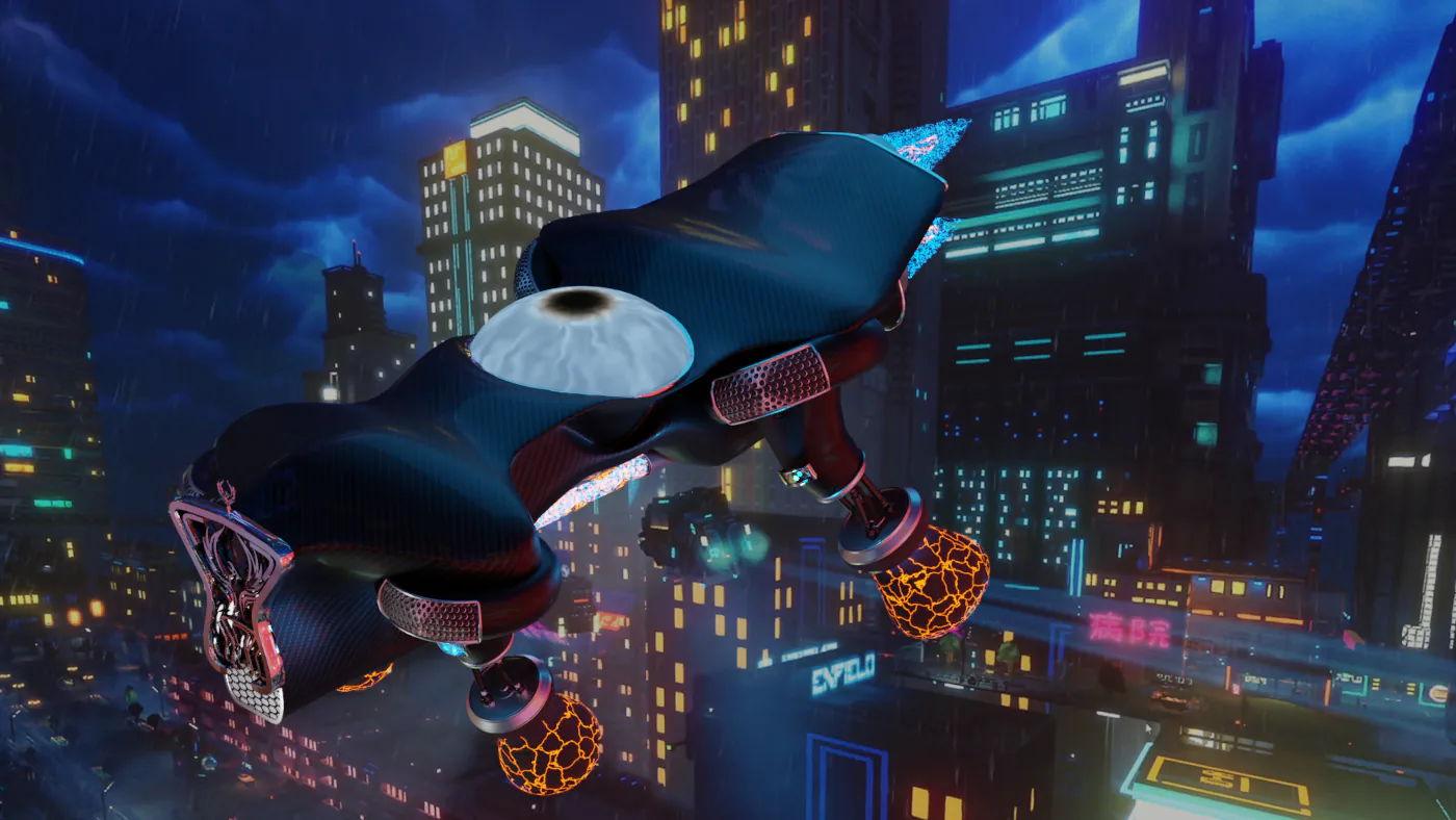 Véhicule futuriste volant au-dessus d'une ville nocturne éclairée par des néons.